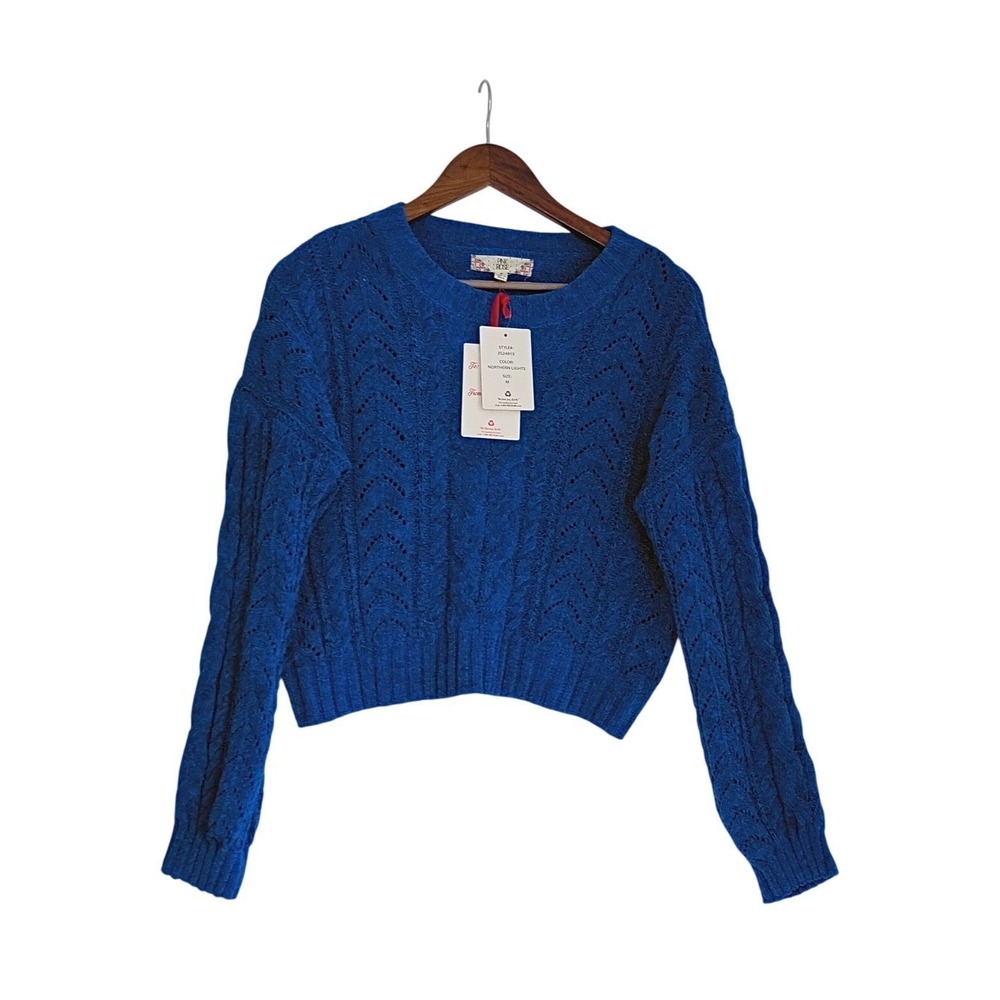 Pink Rose NWT Vibrant Stylish Cropped Knit Sweater Blue Cable Texture M - Picture 2 of 9